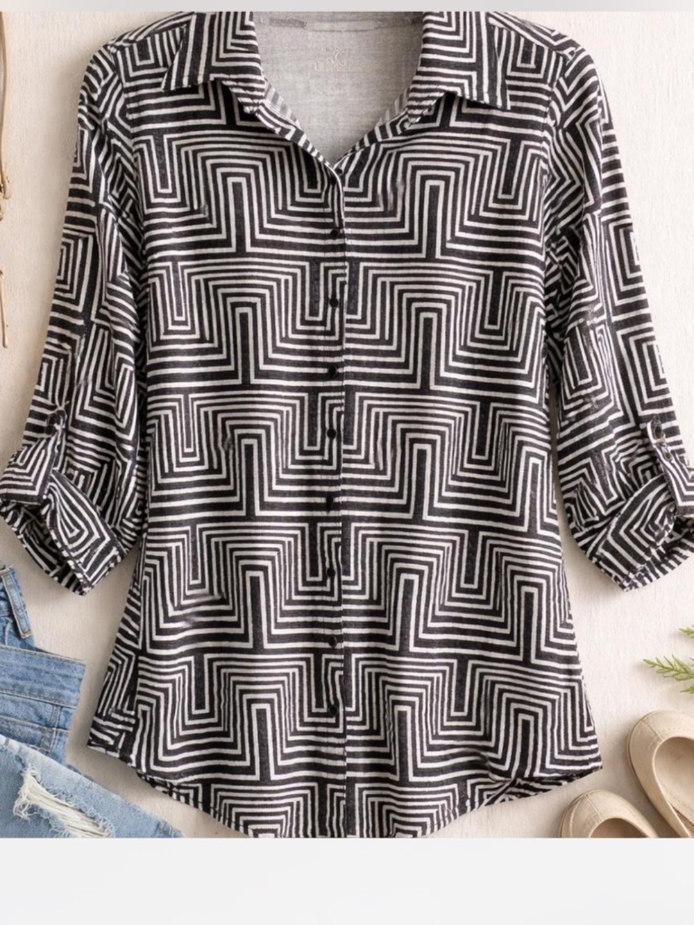 David Cline Black & White Geometric Snap closure Shirt